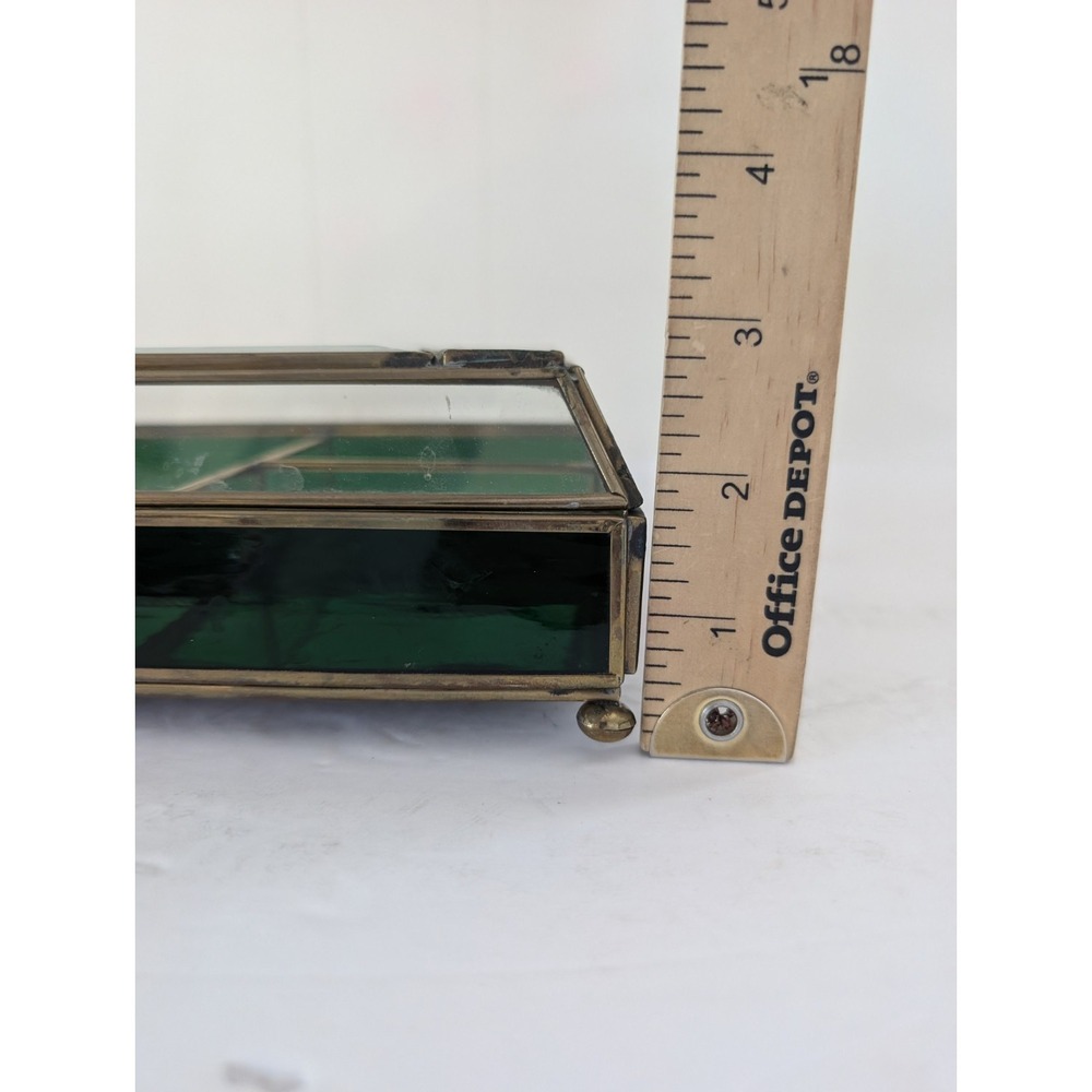 Jewelry Box Etched Floral Stained Glass Green Clear Vintage Glass Trinket FLAW - Picture 11 of 16